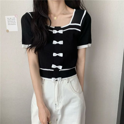 Square Neck Short-Sleeve Top Bow Knit