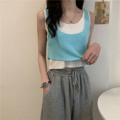Top Mock Knit Piece Two Neck Scoop Tank
