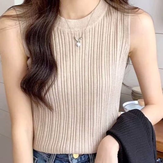 Neck Knit Tank Plain Ribbed Crew Top