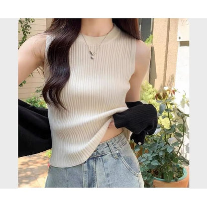Neck Knit Tank Plain Ribbed Crew Top