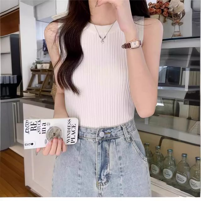 Neck Knit Tank Plain Ribbed Crew Top