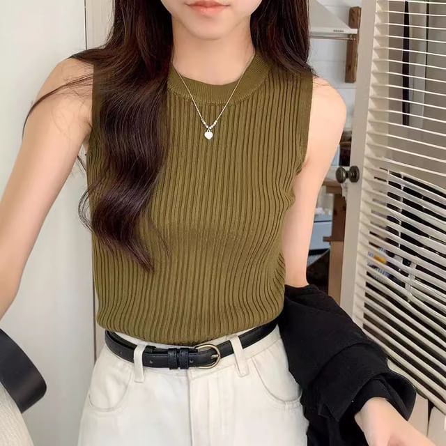 Neck Knit Tank Plain Ribbed Crew Top