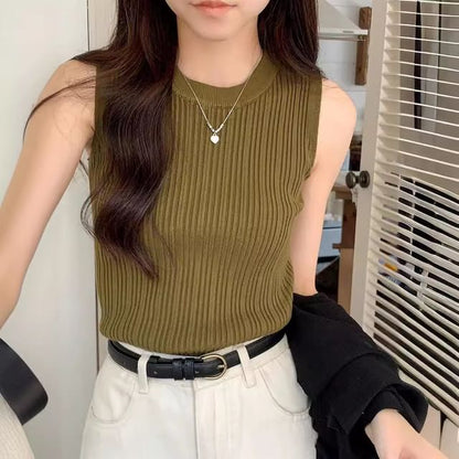 Neck Knit Tank Plain Ribbed Crew Top