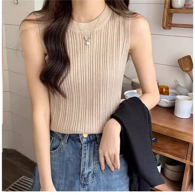 Neck Knit Tank Plain Ribbed Crew Top