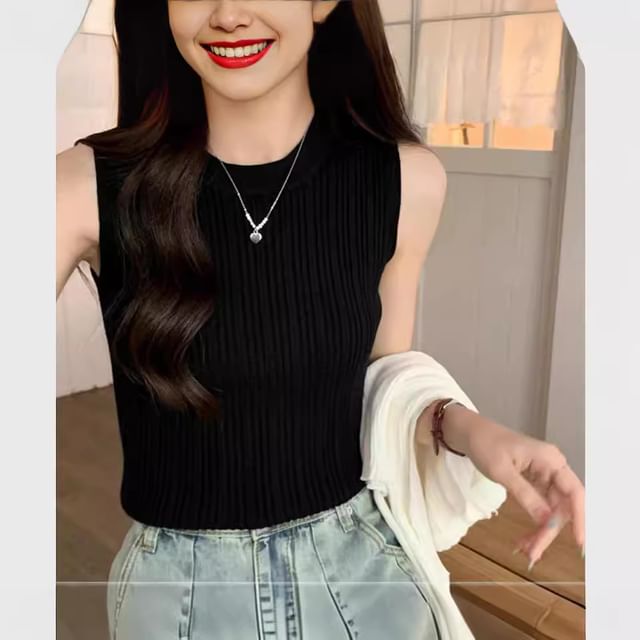 Neck Knit Tank Plain Ribbed Crew Top