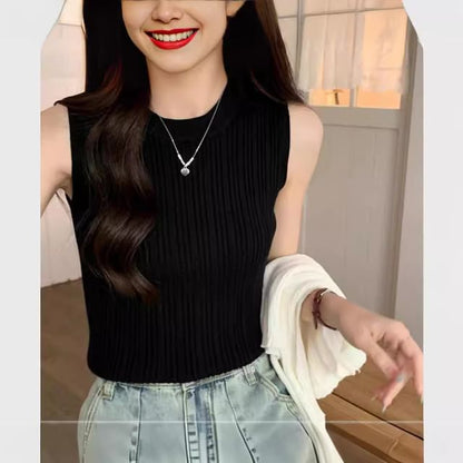 Neck Knit Tank Plain Ribbed Crew Top