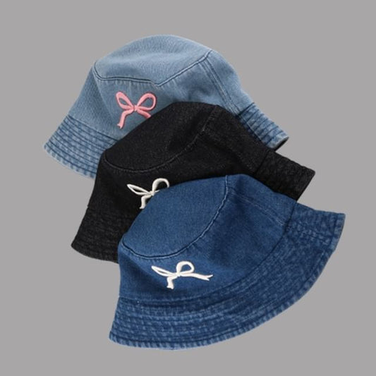 Bucket Embroidered Hat Denim Bow