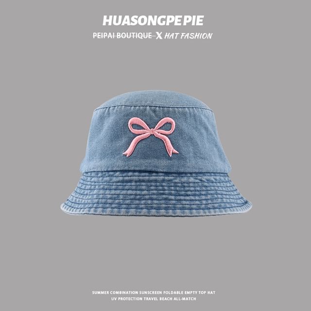 Bucket Embroidered Hat Denim Bow