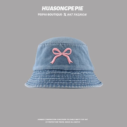 Bucket Embroidered Hat Denim Bow