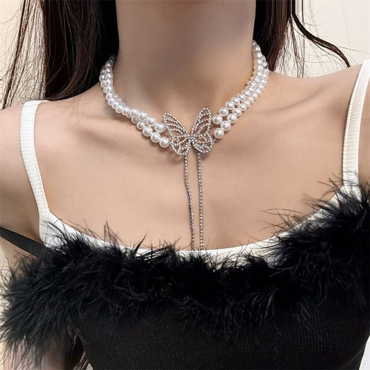 Rhinestone Butterfly Alloy Choker Faux Pearl