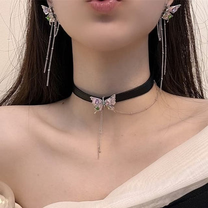 Choker Alloy / Faux Butterfly Threader Leather Earring