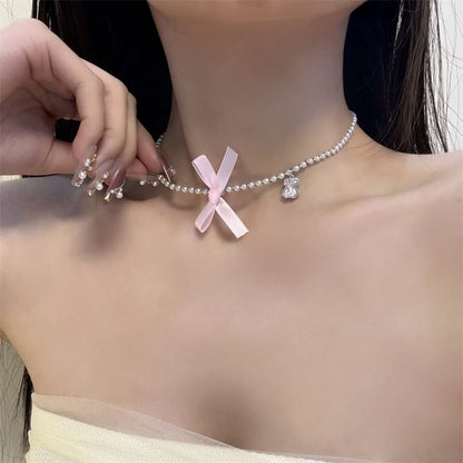 Choker Faux Ribbon Resin Pearl
