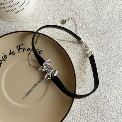 Choker Alloy / Faux Butterfly Threader Leather Earring