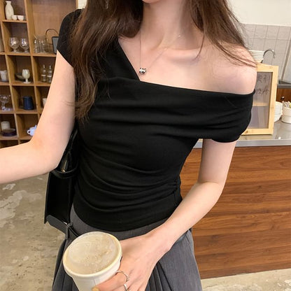 Off-Shoulder Tee Short-Sleeve Crop Ruched Plain