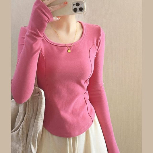 Asymmetrical T-Shirt Scoop Long-Sleeve Plain Neck
