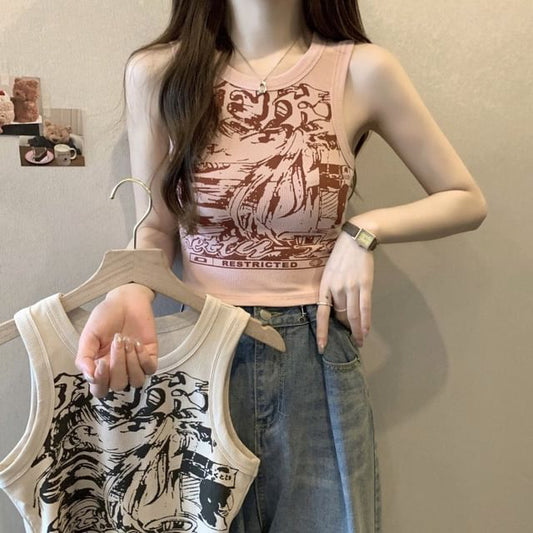 Tank Crop Print Neck Round Top Graphic