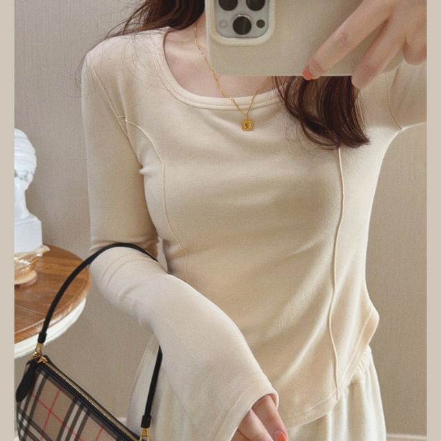 Asymmetrical T-Shirt Scoop Long-Sleeve Plain Neck