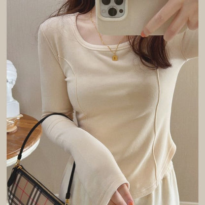 Asymmetrical T-Shirt Scoop Long-Sleeve Plain Neck
