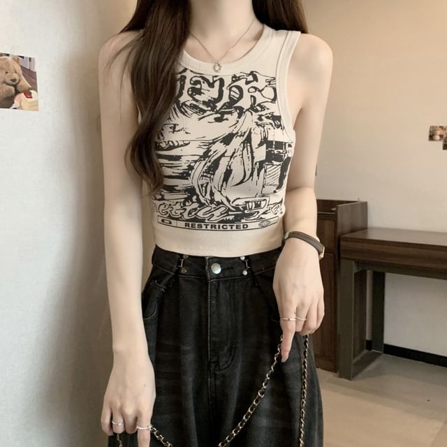 Tank Crop Print Neck Round Top Graphic