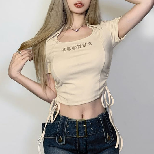 Short-Sleeve Letter Embroidered Drawstring Cropped T-Shirt