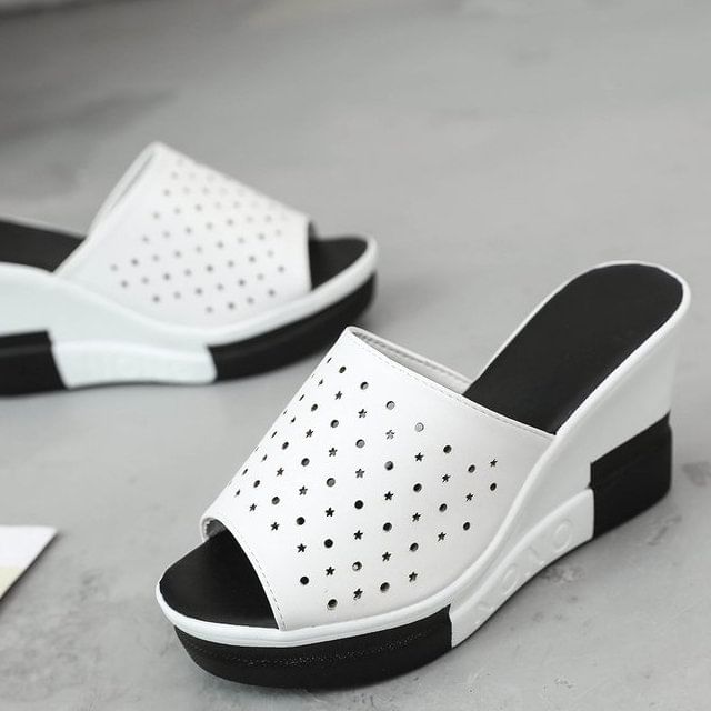 Pointelle Plain Wedge Slide Sandals