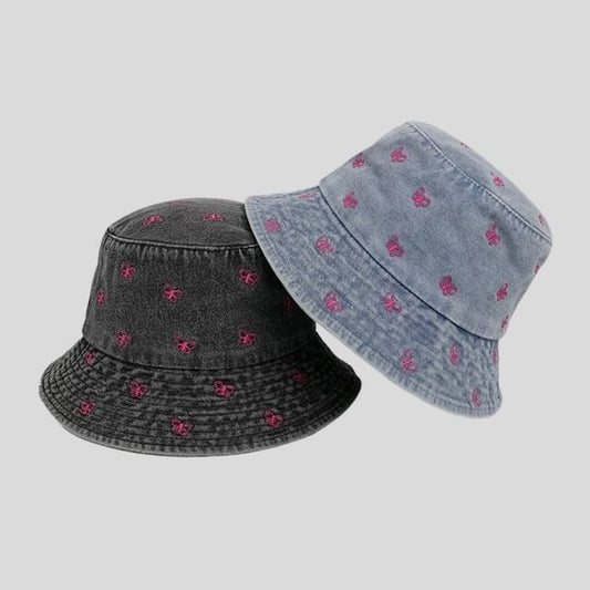 Bucket Hat Embroidered Denim Washed Bow