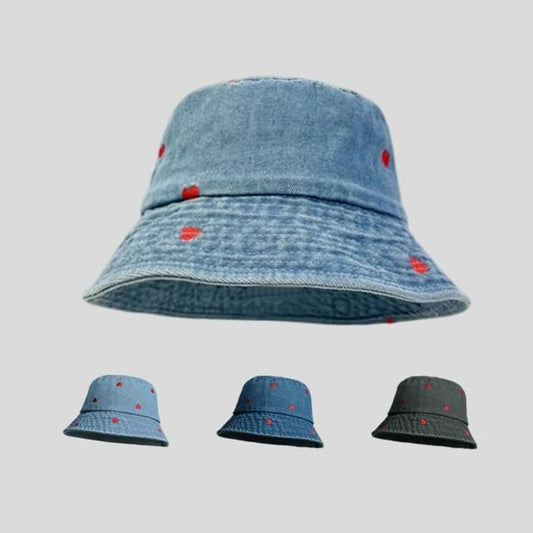 Denim Embroidered Hat Washed Heart Bucket