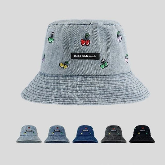 Washed Hat Bucket Embroidered Cherry Denim
