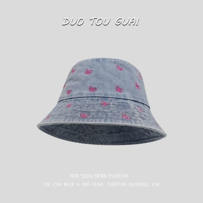 Bucket Hat Embroidered Denim Washed Bow