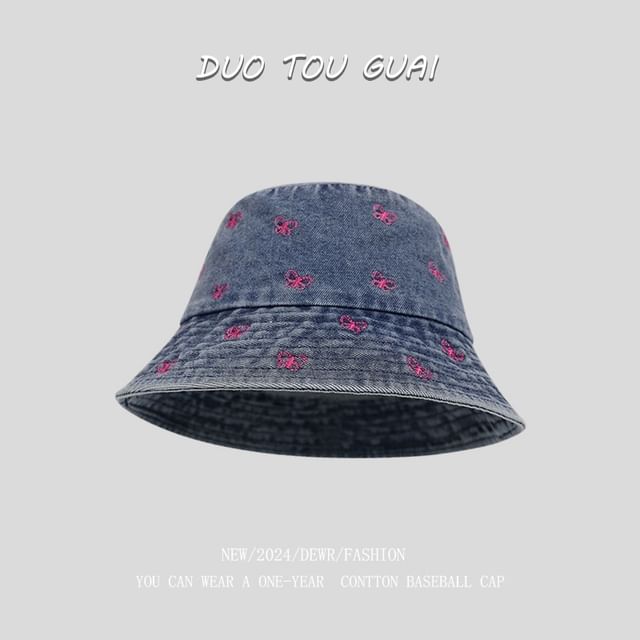 Bucket Hat Embroidered Denim Washed Bow