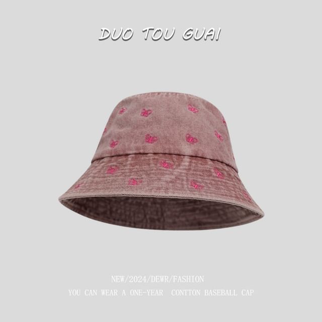 Bucket Hat Embroidered Denim Washed Bow