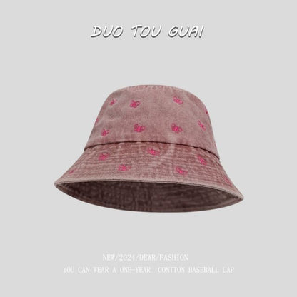Bucket Hat Embroidered Denim Washed Bow