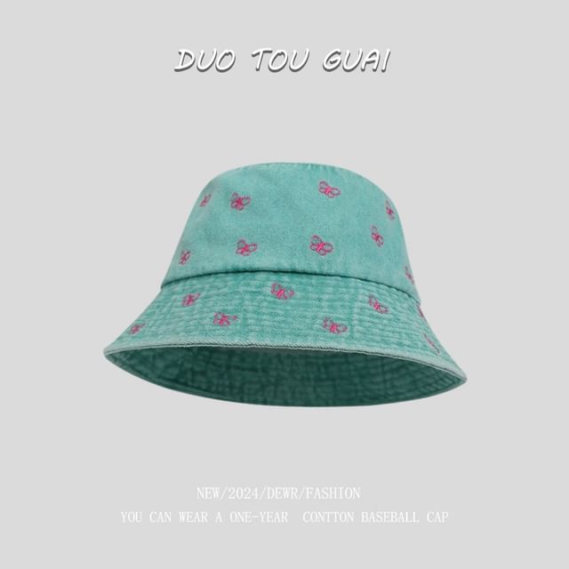 Bucket Hat Embroidered Denim Washed Bow