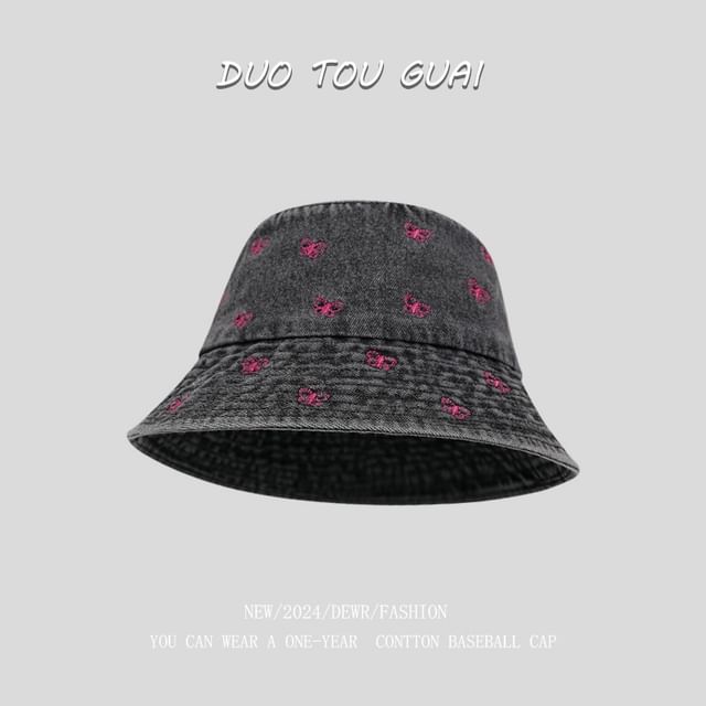 Bucket Hat Embroidered Denim Washed Bow