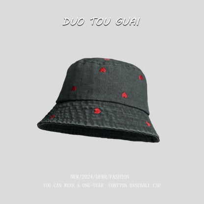 Denim Embroidered Hat Washed Heart Bucket