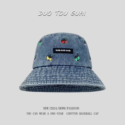 Washed Hat Bucket Embroidered Cherry Denim