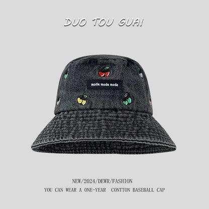 Washed Hat Bucket Embroidered Cherry Denim