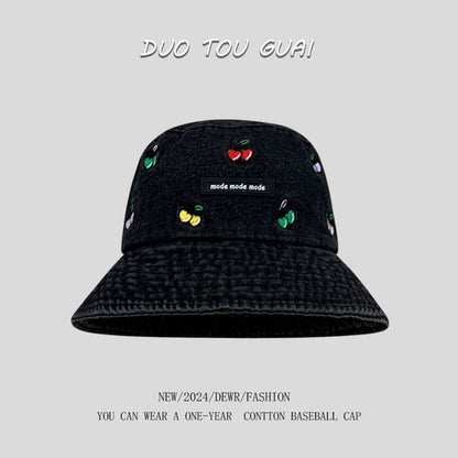 Washed Hat Bucket Embroidered Cherry Denim