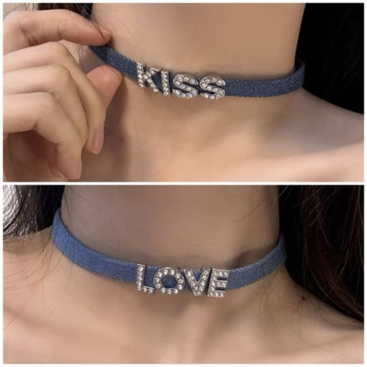 Lettering (Various Designs) Choker Denim Rhinestone