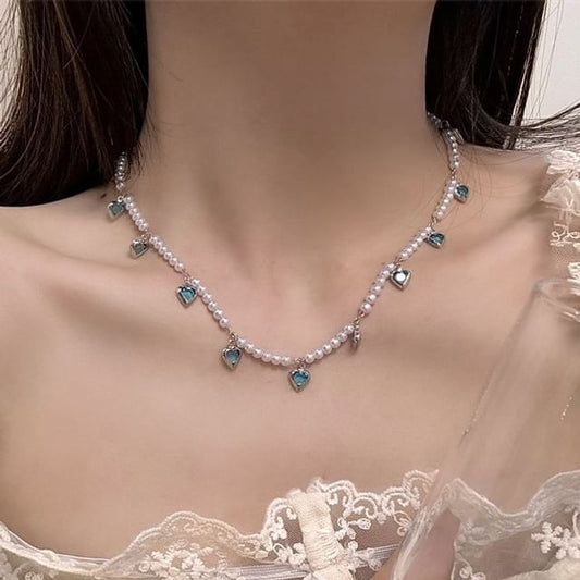 Fringed Faux Choker Heart Pearl