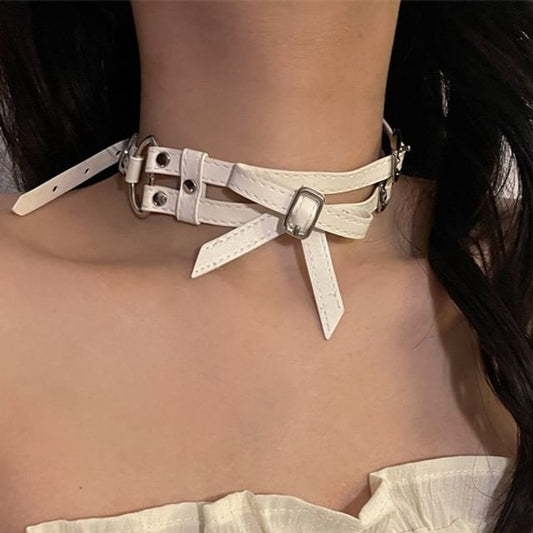Leather Choker Bow Faux Layered