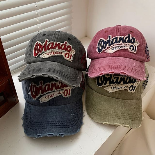 Lettering Cap Washed Distressed Applique Baseball