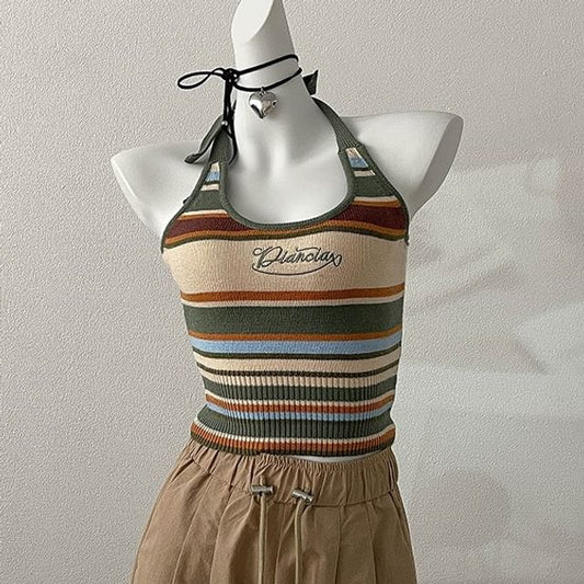 Halter Striped Letter Embroidered Top