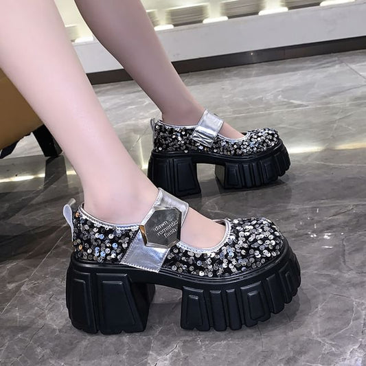 Jane Mary Shoes Platform Sequined
