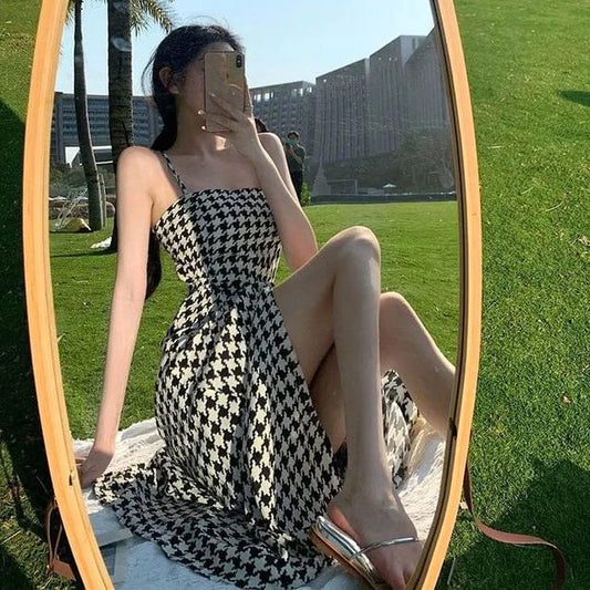 Spaghetti Strap Slit Maxi A-Line Houndstooth Dress