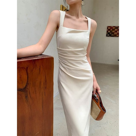 Sleeveless Square Neck Plain Ruched Midi Sheath Dress