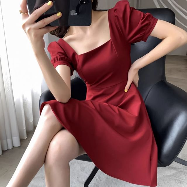 Puff Sleeve Square Neck Plain Mini A-Line Dress
