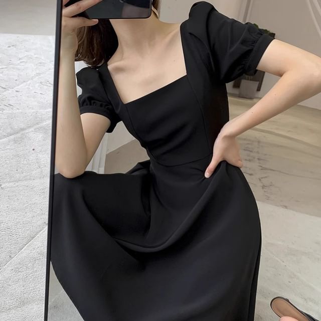 Puff Sleeve Square Neck Plain Mini A-Line Dress