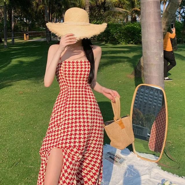 Spaghetti Strap Slit Maxi A-Line Houndstooth Dress