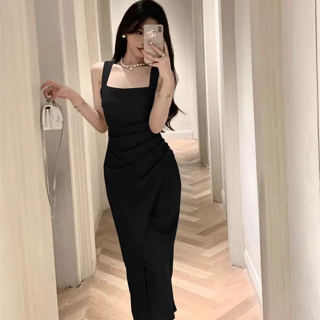 Sheath Midi Ruched Sleeveless Neck Plain Square Dress